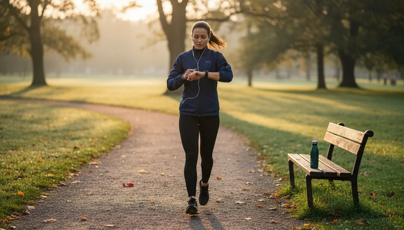 A woman runs along a path in an urban park at dawn, using movement to start the day with clarity.