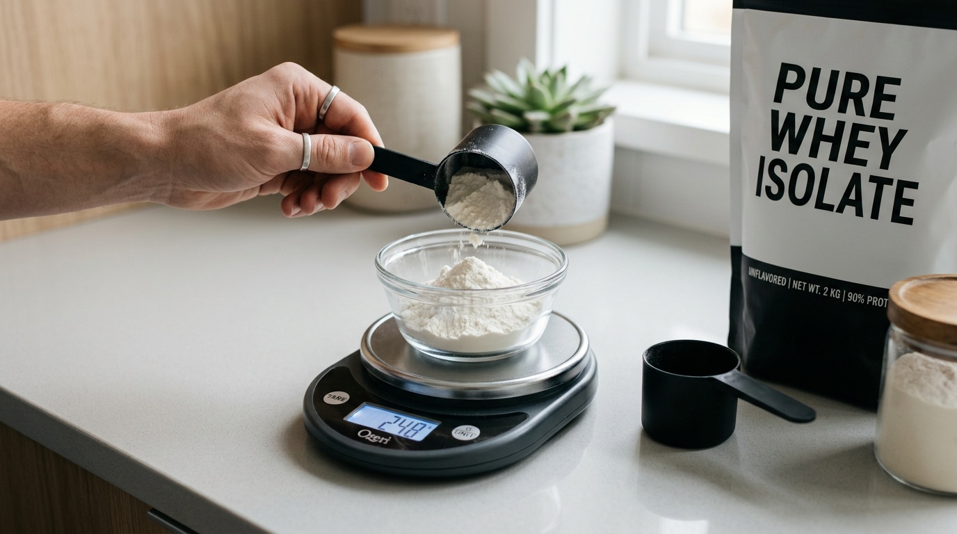 Odmeriavanie bieleho kreatínového prášku na digitálnej váhe