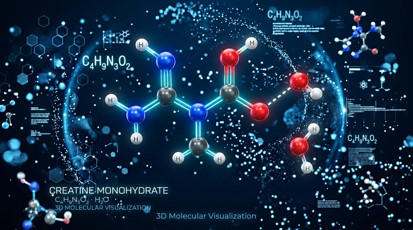 Molekulárna štruktúra kreatínu monohydrátu na tmavom vedeckom pozadí