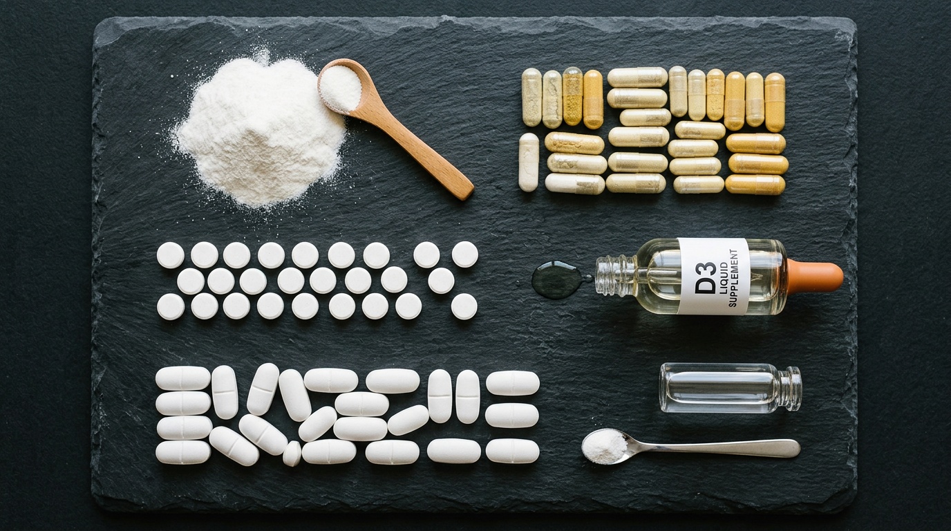 Rôzne formy suplementov na tmavom bridlicovom povrchu