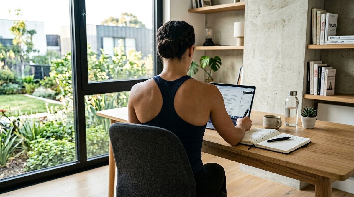 Sústredená práca pri stole s ranným svetlom a notebookom