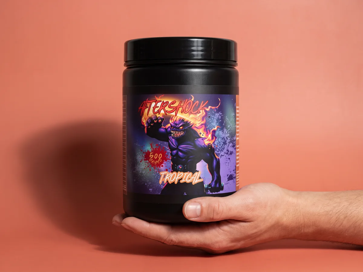 Aftershock tub held in one hand, to show its size