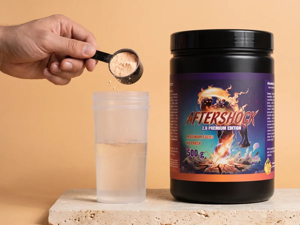 A scoop of Aftershock poured into a shaker with water