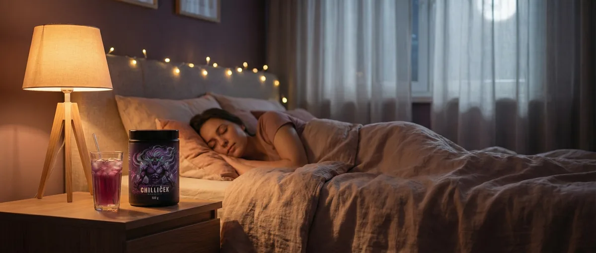 Chilliček evening routine - peaceful sleep with magnesium supplement on nightstand